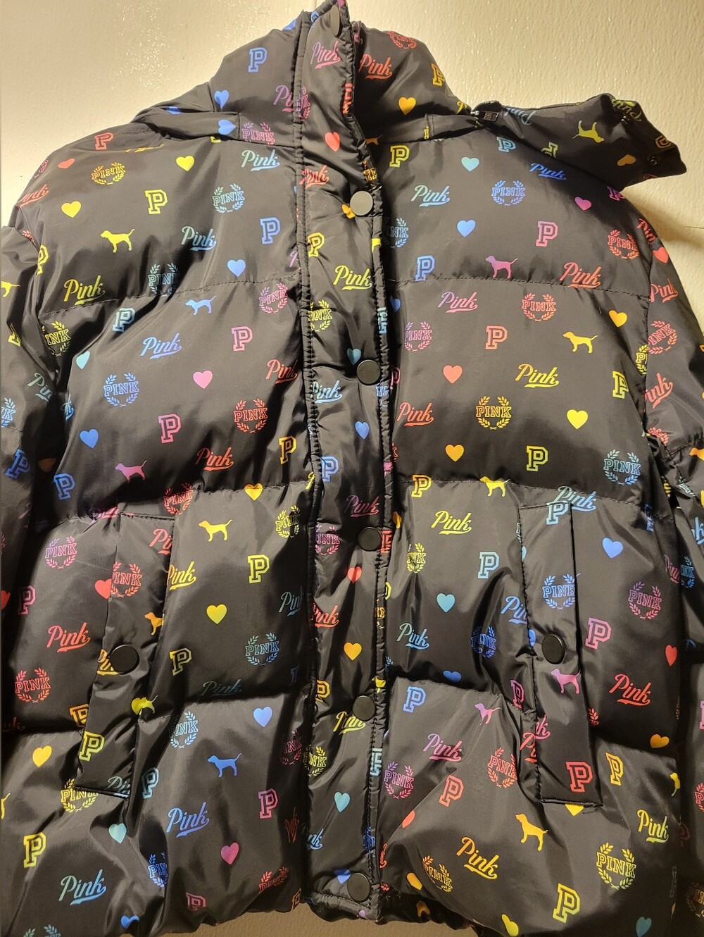 PINK Victoria's Secret Black Puffer Jacket with Multicolor Logo Hearts (RARE) - Picture 2 of 9